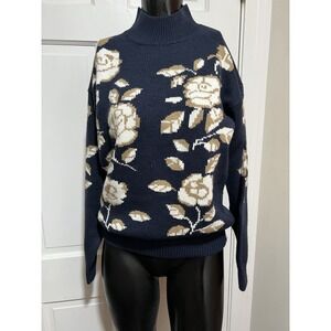 Womens Vintage 1990s 1980s Navy Blue Floral Long Sleeve Sweater Size Small